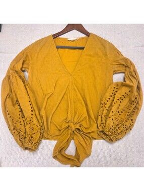 Lovestitch Women's Small Spring Yellow Rhapsody Cotton Balloon Sleeve Tie Blouse